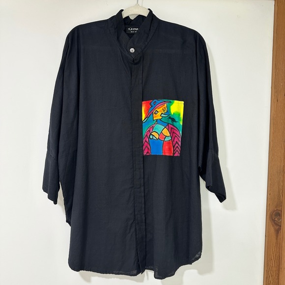 Dilemma Tops - Vintage 90s Dilemma New York Hand Painted Wearable Art Tunic Organic Black OS